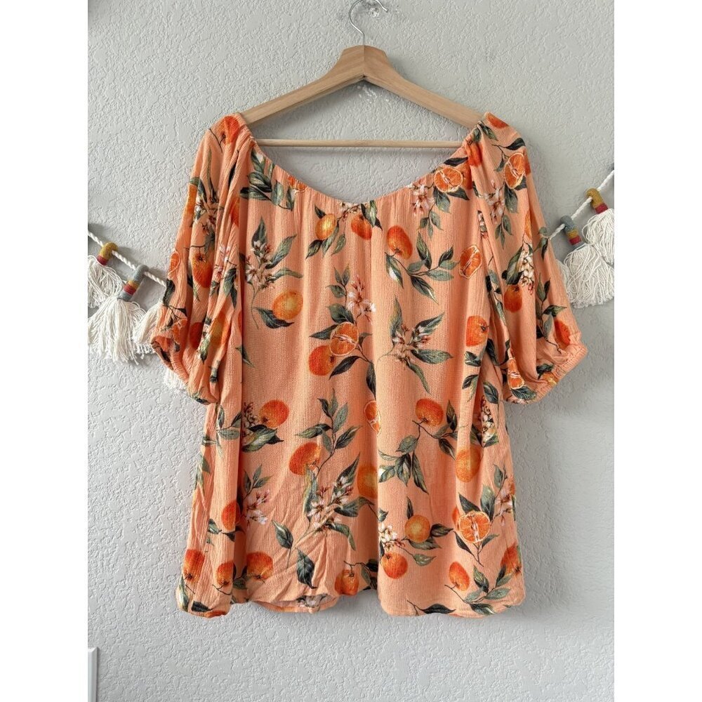 Loft Orange Printed Relaxed Fit Short Sleeve Top Novalty Tropical Cottagecore M